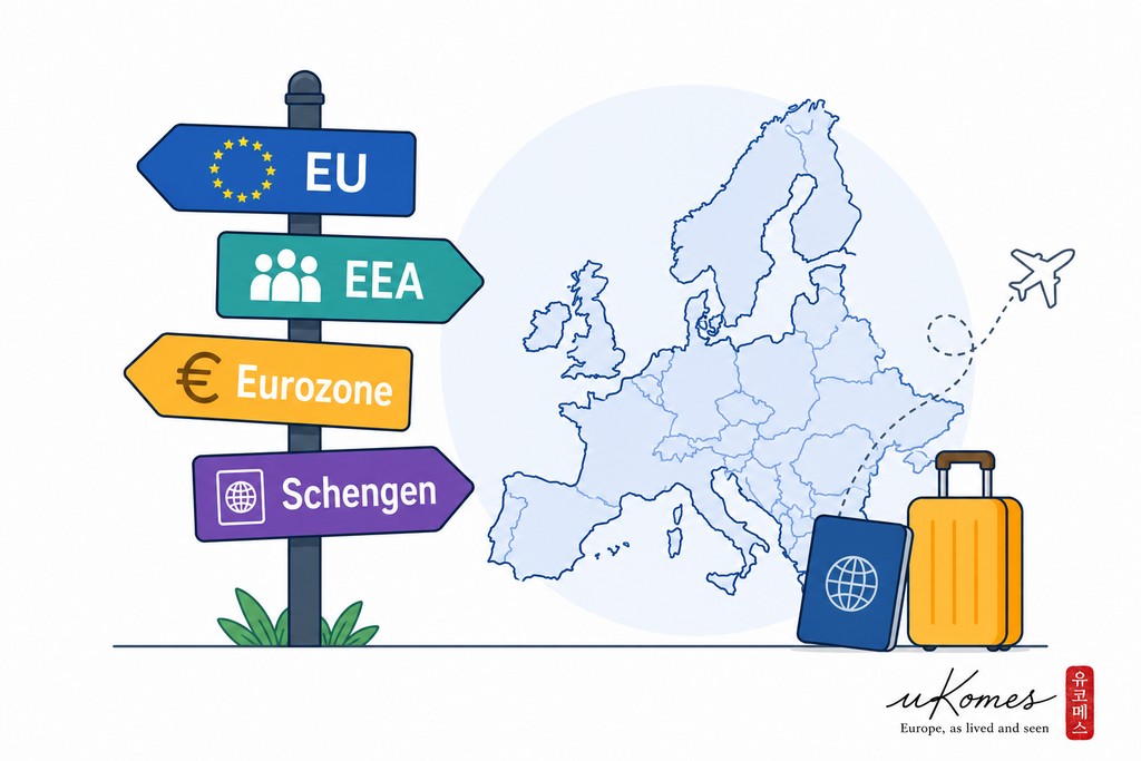 EU, EEA, Eurozone, Schengen을 상징하는 유럽의 다양한 경계선 개념도