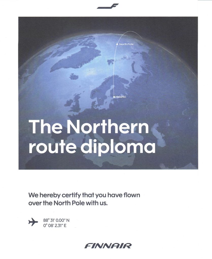 핀에어 북쪽 항로 비행 후 받은 The Northern Route Diploma